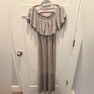 Mary Square Taupe Off-Shoulder Ruffle Maxi Dress Medium